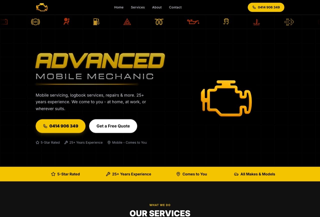 The Advanced Mobile Mechanic homepage: a dark page with a yellow wordmark and a tappable phone number.