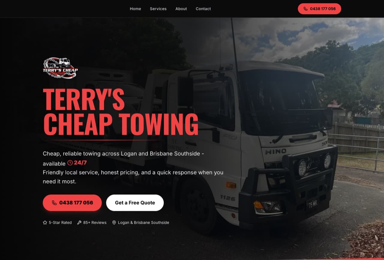 The Terry’s Cheap Towing homepage: a tow truck photograph behind large red type and a call button.